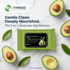 Vynnzo deep cleansing wipes with avocados on a marble background