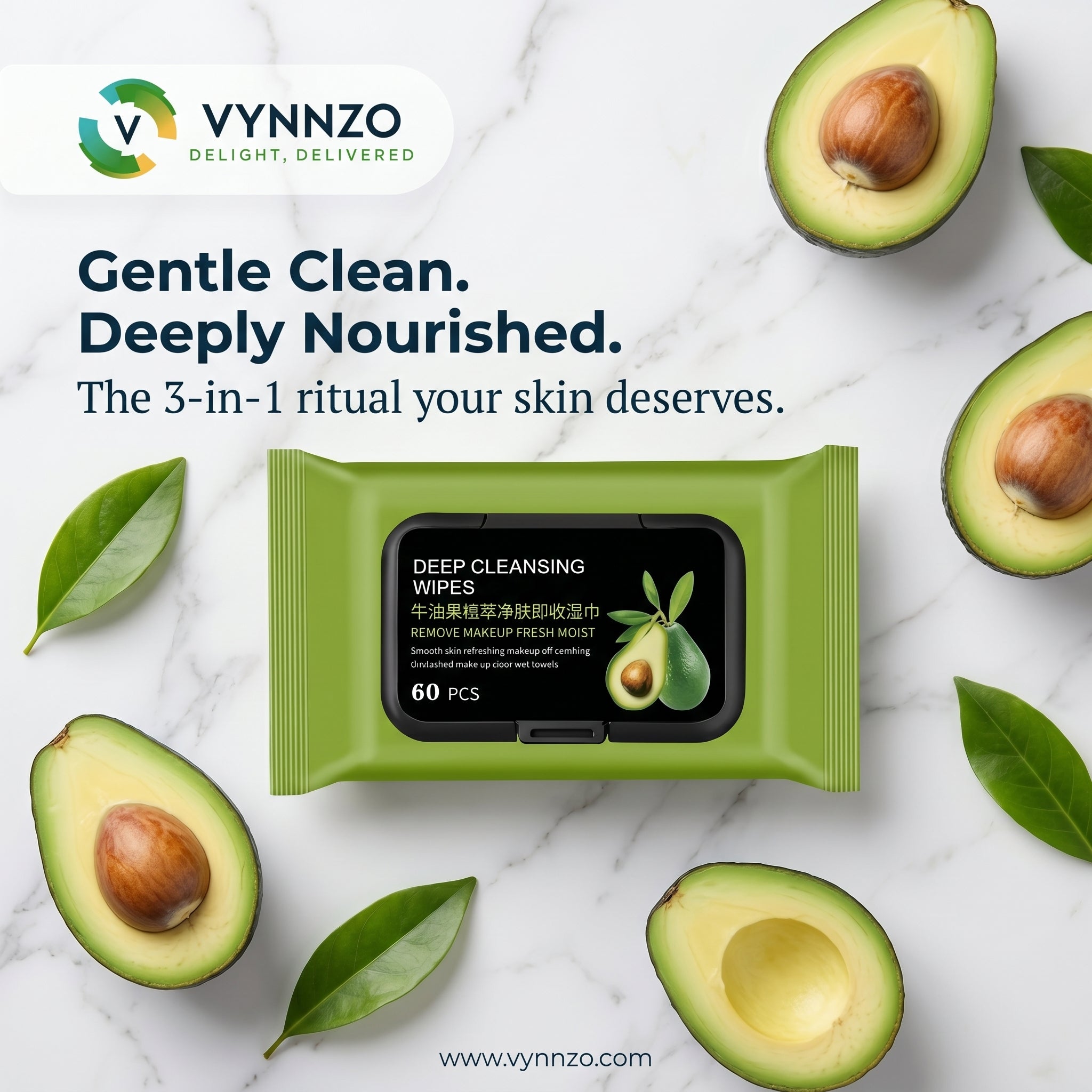Vynnzo deep cleansing wipes with avocados on a marble background