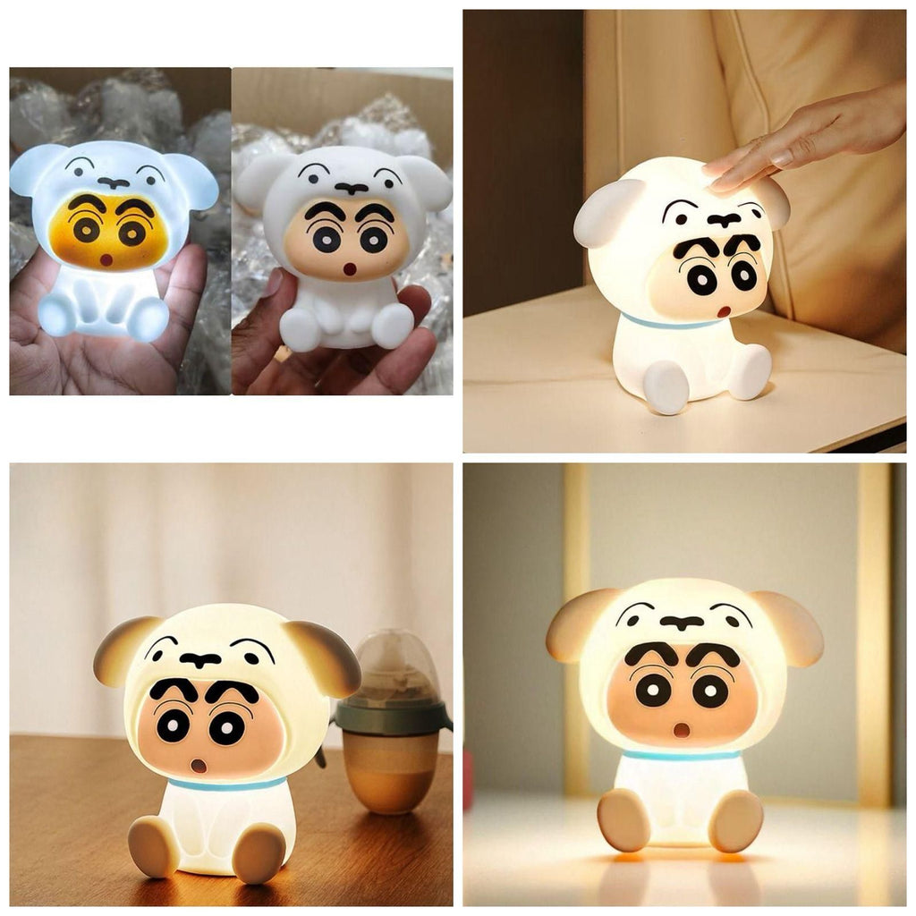 Collage of a cartoon dog-shaped night light in various poses and settings.