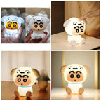 Collage of a cartoon dog-shaped night light in various poses and settings.