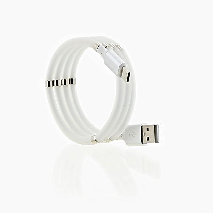 White USB cable coiled on a white background