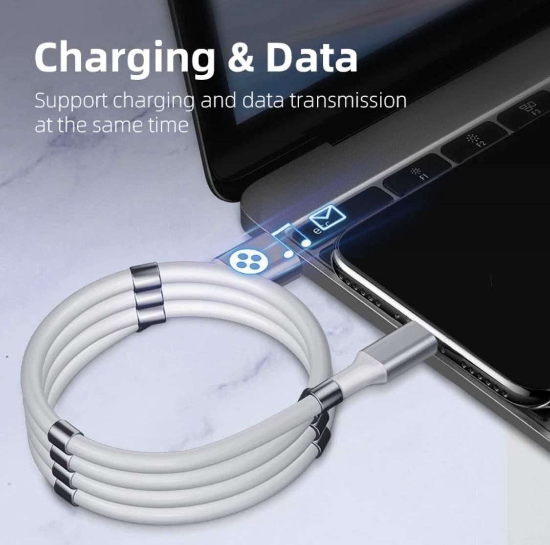 White charging cable connected to a smartphone on a light gray background with text 'Charging & Data'.