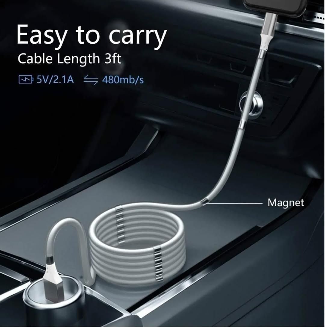 Coiled cable with a magnet attached to a car's cup holder, with text indicating cable length and features.