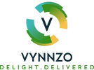 Vynnzo logo with a gradient circle and text 'Delight, Delivered' on a white background
