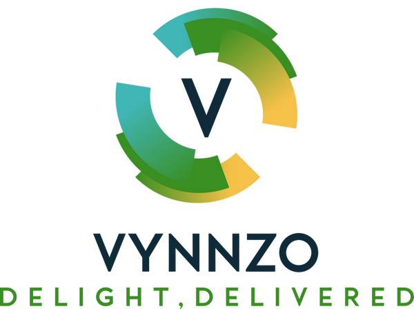 Vynnzo logo with a gradient circle and text 'Delight, Delivered' on a white background